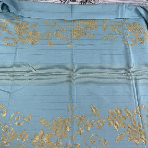Vintage Blue Rectangular Dining Room Table Cloth w/ Gold Cross Stitch Flowers - Picture 9 of 11